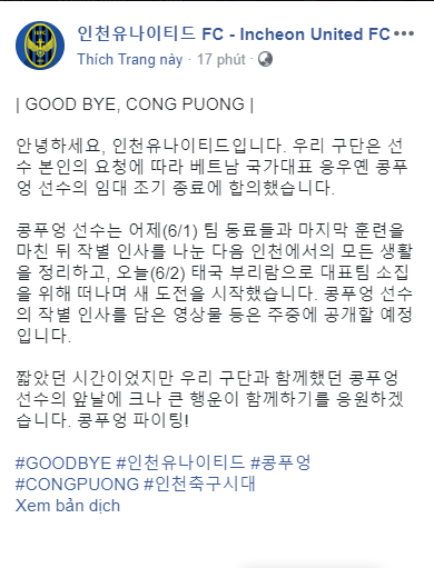 Fanpage Incheon hé lộ lý do chia tay Công Phượng.