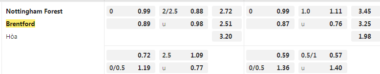 Tỷ lệ kèo Nottingham vs Brentford