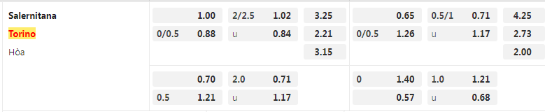 tỷ lệ kèo Salernitana vs Torino