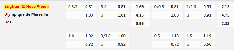 tỷ lệ kèo Brighton vs Marseille